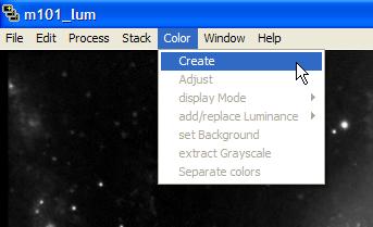 Creating a LRGB Color Image To create a new LRGB image from the images in our stack, select COLOR > CREATE from the Main Menu: Once selected, you will be presented with the ColorCreate dialog box: