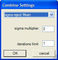 Once you click the Open button on the above dialog box, you will be presented with the dark frame Combine Settings dialog box: Use the above settings, and click the OK button.