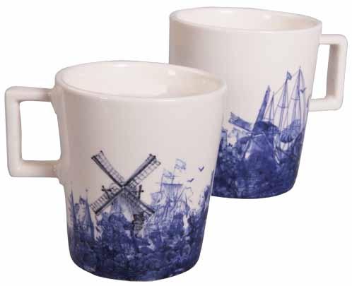 Delftware dishes. The models were specifically designed for the decoration used. Delftware is a traditional Dutch trademark, just like Douwe Egberts.