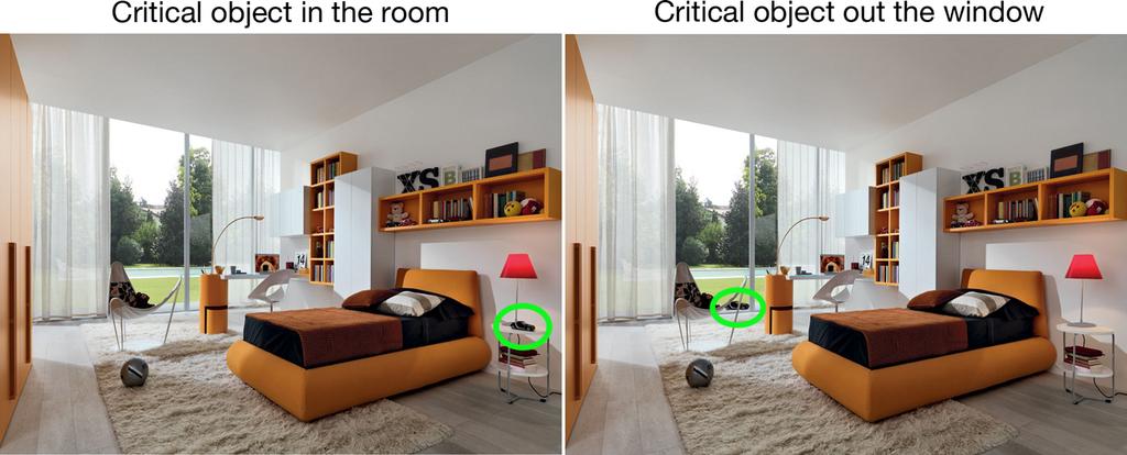 Behav Res Fig. 2 Window Change Set exemplar. In the Window Change Set, the same object (a toy car) disappears either in the room (left) or outside the window (right).