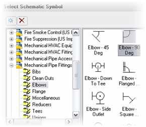 8. In the Select Schematic Symbol dialog box: Expand Mechanical Pipe Fittings (US Imperial).dwg [Mechanical Pipe Fittings (US Metric).dwg.]. Select Elbows. Double-click Elbow - 90 Deg. 11.
