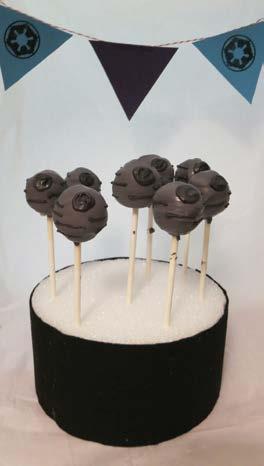 Death Star Cake Pops Materials NeeDed: Baked cake (your favorite box mix) 1 can of frosting (your favorite flavor) Candy coating in black and white Lollipop sticks Parchment lined baking sheet Small