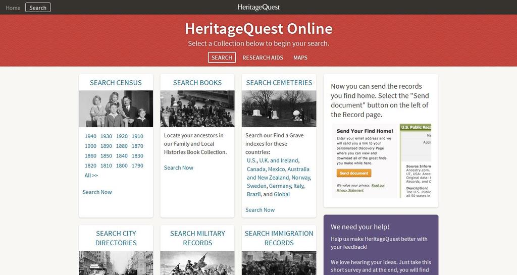 Searching Heritage Quest When you click on the Search link, you will be brought to a page that shows all eleven record collections that Heritage Quest provides access to.