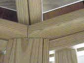 Check to be sure that all rafters are resting evenly on top of posts and that plates are parallel with the top railing sections.