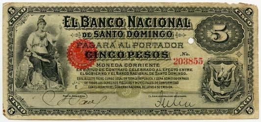 DOMINICAN REPUBLIC EL BANCO NACIONAL de SANTO DOMINGO 5 PESOS, VF-, S#133, SKU# 50049 Dominican Republic Banco de Santo Domingo 5 Pesos Price is $350.