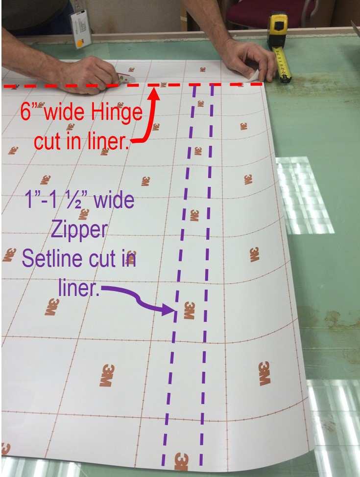 ). 3. Determine the best setline to use and cut it into the liner making sure not to cut into the vertical hinge (see Figure 3C).! CAUTION Sharp blades are used during the installation process.