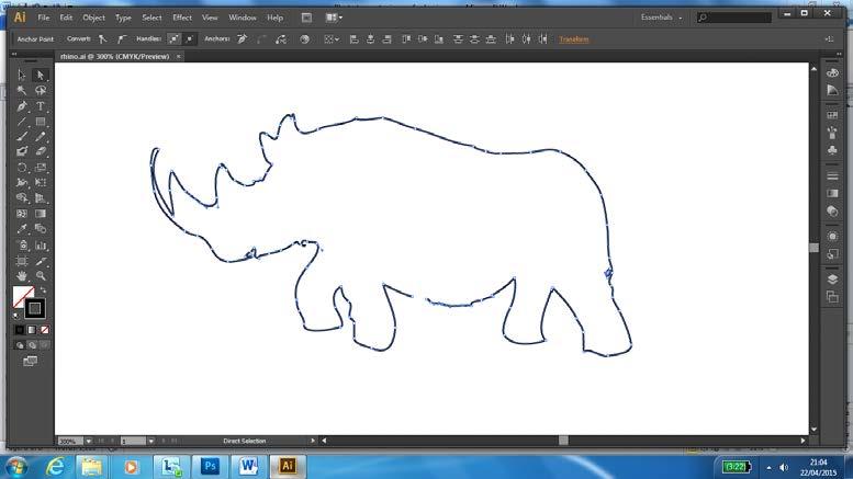 (Fig 13) Choose the white select arrow click on the lines of the rhino You should see there are blue lines and circles around all the hand drawn lines of the rhino.