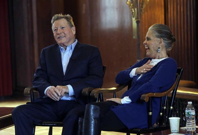 Actors Ryan O'Neal and Ali MacGraw participate in a talk with students on the campus of Harvard University in Cambridge, Mass., Monday, Feb.