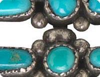 Both peoples use turquoise, but the Zuni use it in repetitive patterns that may cover the entire piece of jewelry. In this bracelet, silver serves only as the setting for the stones.
