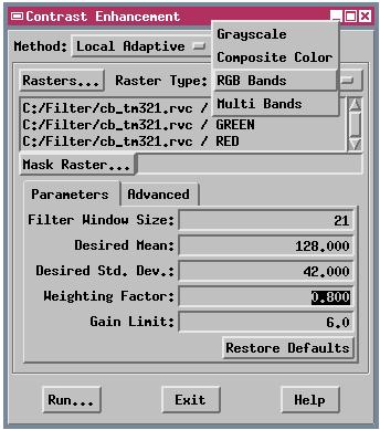 The contrast-enhanced intensity raster is then used to compute red, green, and blue components for the enhanced output image. Choose the type of raster input from the Raster Type menu.