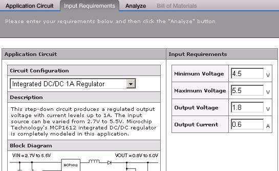 FIGURE 5: Select the Circuit Configuration on the Input Requirements page In the example shown in Figure 5, the general application, Integrated DC/DC 1A Regulator has been selected.
