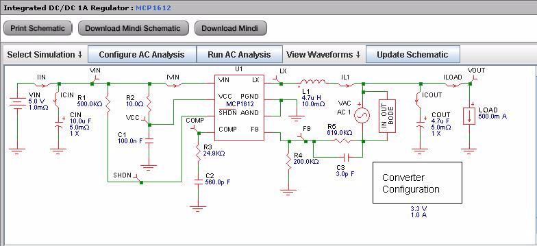 Analyze The Analyze tab implements a circuit solution that will achieve the specified input requirements. This is shown as a schematic on the Analyze page.