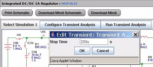 The length of the simulation can be specified by selecting the Configure Transient Analysis button. Figure 13 shows the configuration pop-up window for a Transient Analysis simulation.