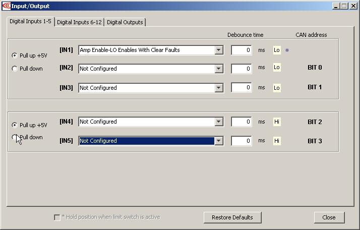 Mode Selection and General Setup Stepnet Panel Amplifier User Guide 5.6: Amplifier Configuration 5.6.1: Digital Inputs 5.6.1.1 Click Input/Output on the Main screen to open the Input/Output screen.