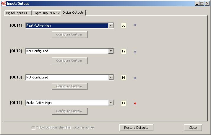 Stepnet Panel Amplifier User Guide Mode Selection and General Setup 5.6.4: Standard Digital Outputs 5.6.4.1 Click the Digital Outputs tab of the Input/Output screen.
