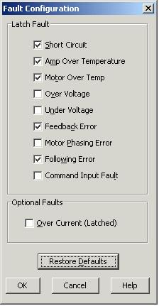 Stepnet Panel Amplifier User Guide Mode Selection and General Setup 5.6.10: Fault Latching 5.6.10.1 Click Configure Faults to open the Fault Configuration screen.
