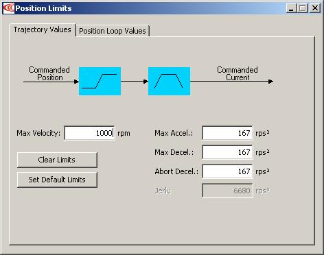 Stepper Mode Phase and Tune Stepnet Panel Amplifier User Guide 6.2: Position Limits (Stepper Mode with Encoder) 6.2.1.1 Click Position Limits to open the Position Limits screen. 6.2.1.2 Set the following Trajectory Values options as needed.