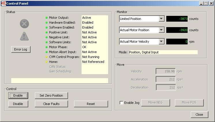 Stepnet Panel Amplifier User Guide Using CME 2 8.4: Control Panel 8.4.1: Control Panel Overview To access the control panel, click the Control Panel icon on the Main screen.