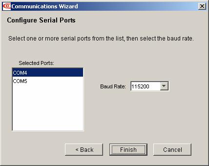 Mode Selection and General Setup Stepnet Panel Amplifier User Guide 5.2.5.5 Click Next to save the choices and open the Communications Wizard Configure Serial Ports screen. 5.2.5.6 Configure the selected ports.