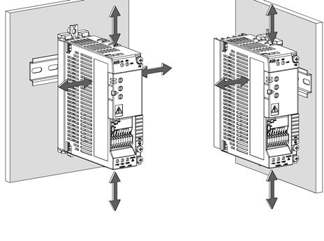 Frame C and D units are fan cooled, so they can be installed side by side without extra space between them. Install the unit using the mounting clip on a 35 mm DIN rail or on a wall.