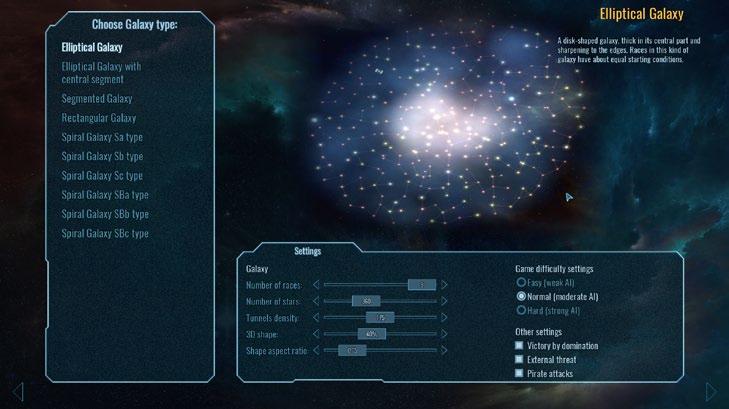 New Game: Shows you the Creating a Galaxy screen that gives you a variety of options that will allow you to play a new game of Polaris Sector.