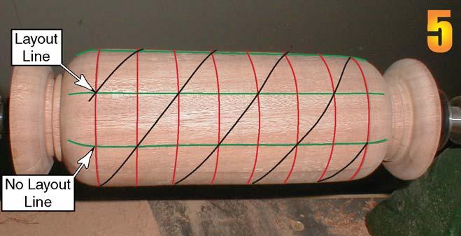 To achieve the 7/8ths ratio, I divided the circumference into 8 segments and the length into 7 segments (Photo 5 shows the final grid and spiral).
