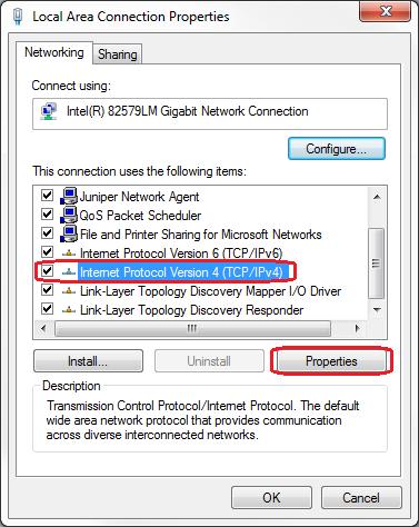 8. From the Local Area Connection Properties dialog, scroll down to select Internet Protocol Version 4 (TCP/ IPv4) and select the Properties button below the scroll window. 9.