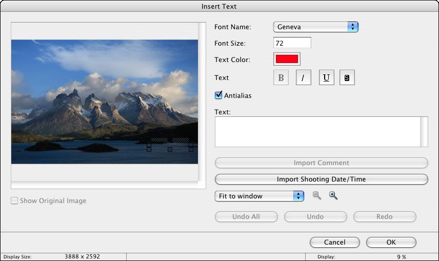 Inserting Text into Images You can insert the date and time you shot an image and text into an image as text. Display the image to edit in the viewer window (p.6).