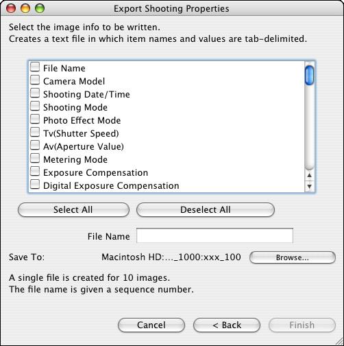 The [Write a still image] window appears. Select [Export Shooting Properties] and then click the [Next] button. The [Export Shooting Properties] window appears.