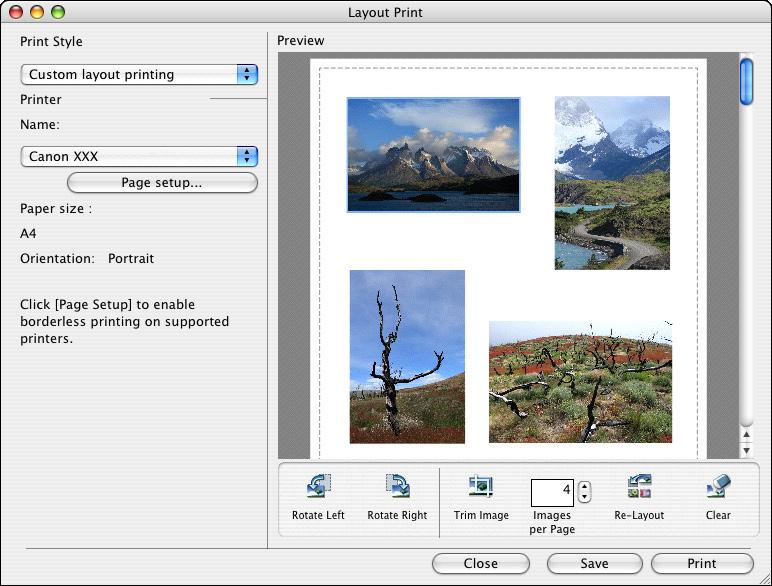 List of Layout Print Window Sets the printing style Printer selection and settings Page settings Print preview