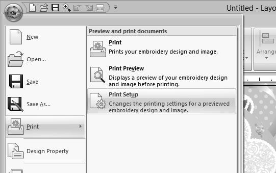 Tutoril 7: Print nd Stitch Step 2 Printing the ckground imge Print the ckground imge on n iron-on trnsfer sheet or printle fric. 1 Click, then [Print], then [Print Setup].