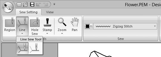 Sew Setting Stge Line sewing 1 Click [Line] in the [Tools] group, nd then select the desired tool ( or ) from [Line Sew Tool].
