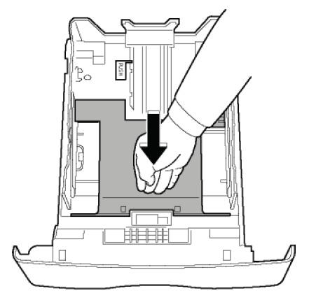 2. Coborâţi panoul inferior. 3. Ridicaţi piedica tăvii apăsând maneta "PUSH" (A). Reglaţi ghidajele laterale în funcţie de dimensiunea hârtiei, apăsând maneta (B) localizată pe ghidajul lateral stâng.
