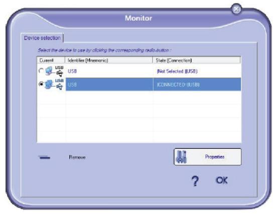 Folosind acest ecran puteţi monitoriza sau configura echipamentul folosind secţiunile: DEVICE SELECTION: afişează o listă de echipamente gestionate de computer.