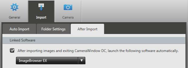folder on Macintosh computers. Click in the upper right of the screen to access CameraWindow preferences, and then click [Import].