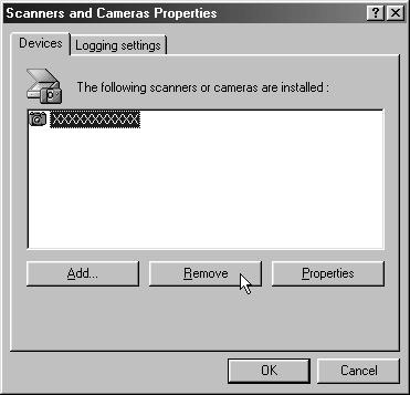 58 What to Do if Your Camera Model Appears in the Scanners and Cameras Properties Device List 1. Select the name of your camera model and click the [Remove] button.