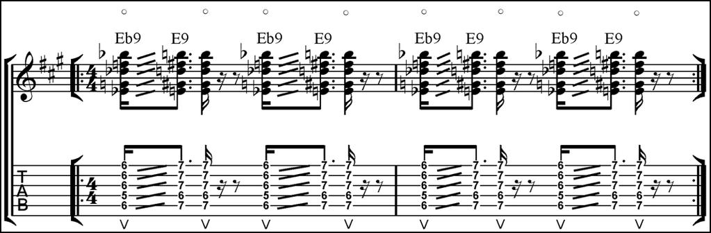 chord up by one semitone to the E9. Rhythmically, there are three ways to approach this slide. 1. From the on-beat to the off-beat 2. From the off-beat to the on-beat 3.