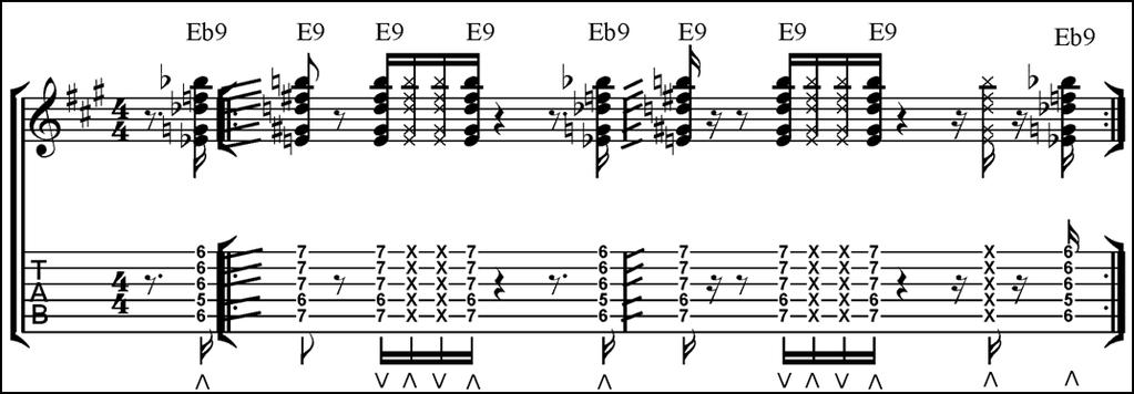 The next example shows how the off-beat / on-beat approach can be used from the second to the third 1/16th note of each beat. Funk Example 8g: C.