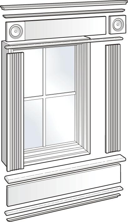 As you can see in the Construction View, the key elements of this window treatment are two fluted moldings (A) and a pair of decorative rosettes ().