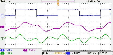 Figure 48 - Test setup waveforms in DCM: gate control signal (1), capacitor voltage (3), inductor current (4) The measurements confirm two biggest advantages of DCM.