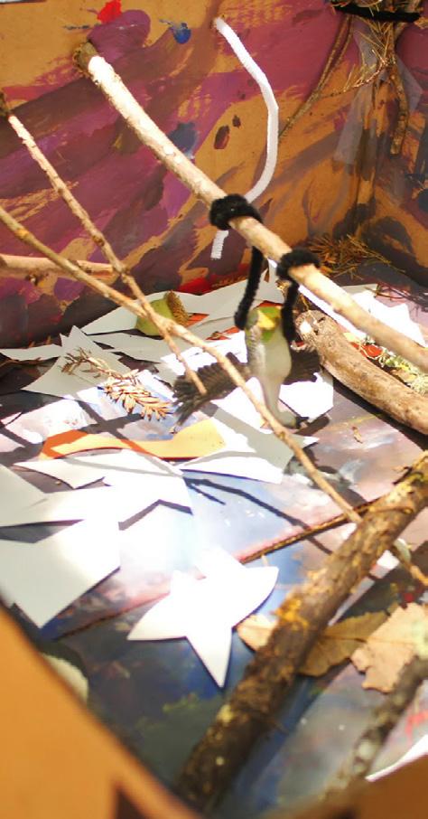 materials + + a realistic bird (or other animal) figurine + + a BIG box, one big side cut off + + acrylic paint + brushes + + scissors + + colored paper + + objects from nature: leaves, branches,