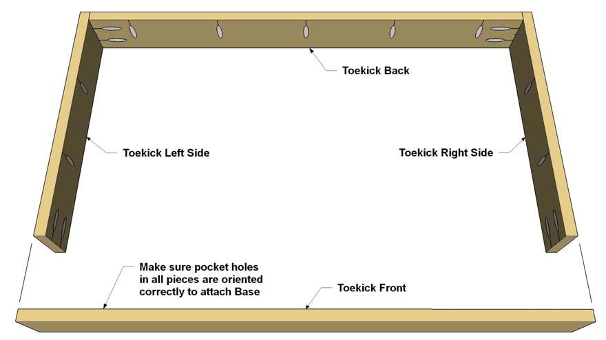 Step 2: Start at the bottom by creating the toekick box that everything rests on. Cut a Toekick Front, Toekick Back, and Toekick Sides to length from 1x4 boards, as shown in the cutting diagram.