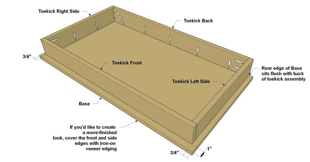 Step 4: Cut a Base to size from 3/4" plywood. If desired, cover the front and side edges of the Base with veneer edge banding. Then, attach the Base to the toekick structure using 1 1/4" Kreg Screws.