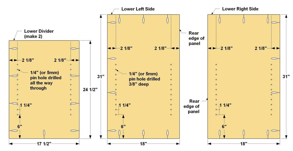 Step 5: Cut a Lower Left Side, Lower Right Side, two Lower Dividers, and four Lower Shelves to size from 3/4" plywood, as shown in the cutting diagram.
