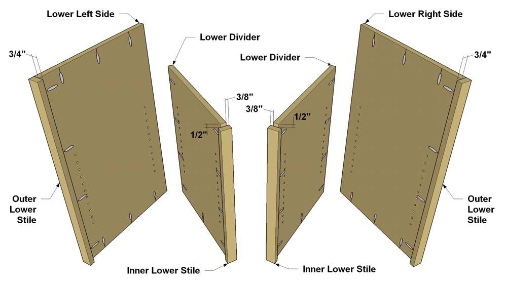Step 6: Cut two Outer Lower Stiles and two Inner Lower Stiles to length from 1x2 boards, as shown in the cutting diagram.