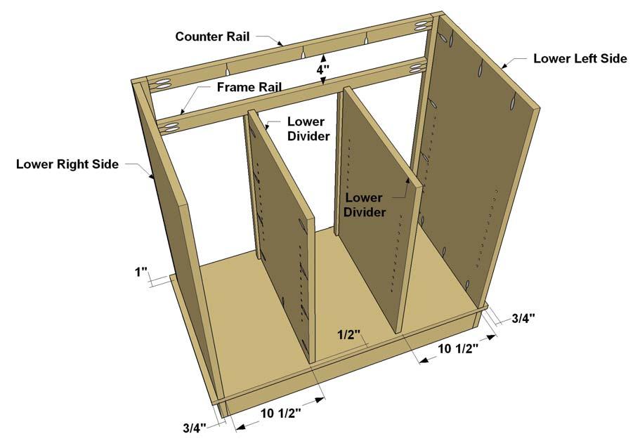 They sit 1/2" forward of the back edge of the base, which allows space for the Back that gets added next. Step 9: Cut a Lower back to size from 1/2" plywood, as shown in the cutting diagram.