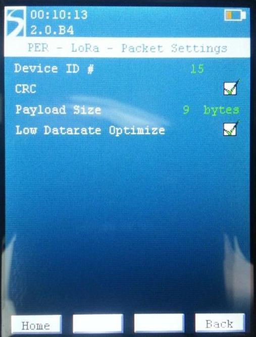 5.2.2.4 PER Packet Settings Menu running in LoRa mode Set Device ID Enable or Disable payload CRC Set the payload size (in Bytes): 9, 16, 24, 48 or 64 Enable or Disable Low Datarate Optimization
