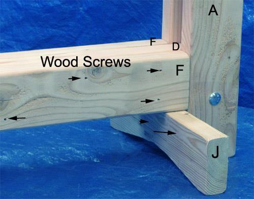 16. Attach part F, F & J using 65 mm wood screws or 75 mm nails 17. Adjust the bolt tightness for Part G to allow for adequate handle movement. Completely tighten the other four bolts.