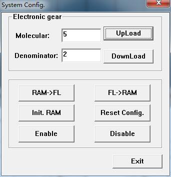 3)System configure Click on the main interface "System Configuration" pop System Configuration dialog box, set the electronic gear ratio, the numerator is the encoder resolution 4000, the