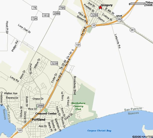 Gregory (BF114) From Houston take 59 south to Victoria Take Hwy 77 south to Hwy 37 south. Take Hwy 37 south to Corpus Christi.